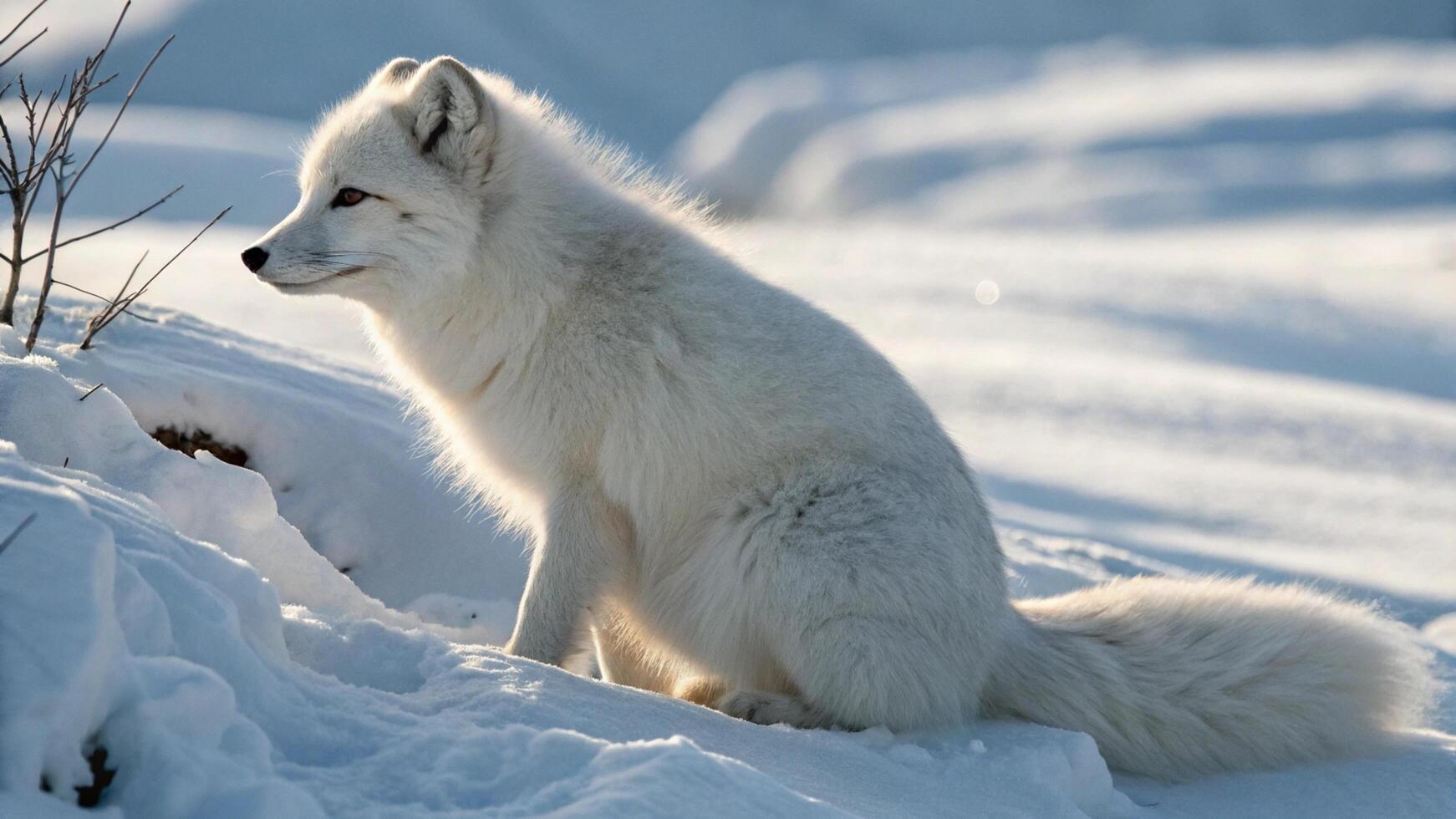 An arctic fox with its ears perked up, listening attentively, surrounded by a snowy landscape under natural light photo