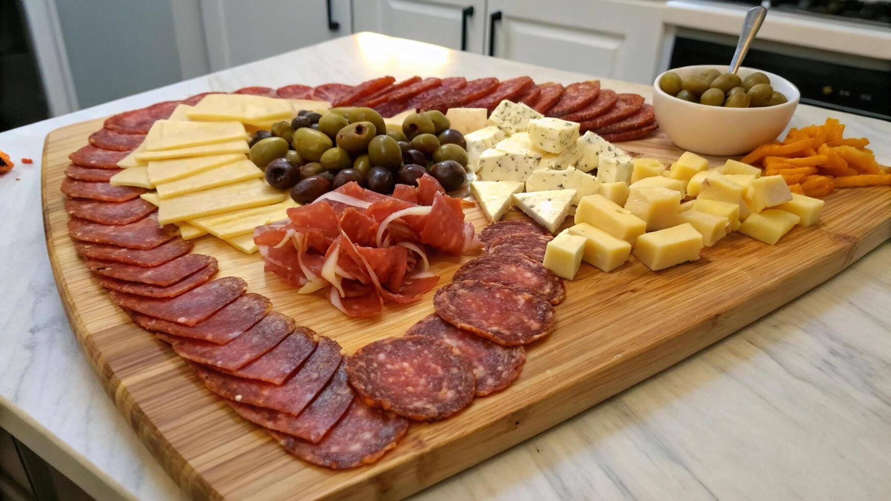 A wooden board with an assortment of cured meats, cheeses, and olives, arranged in the shape of a heart photo