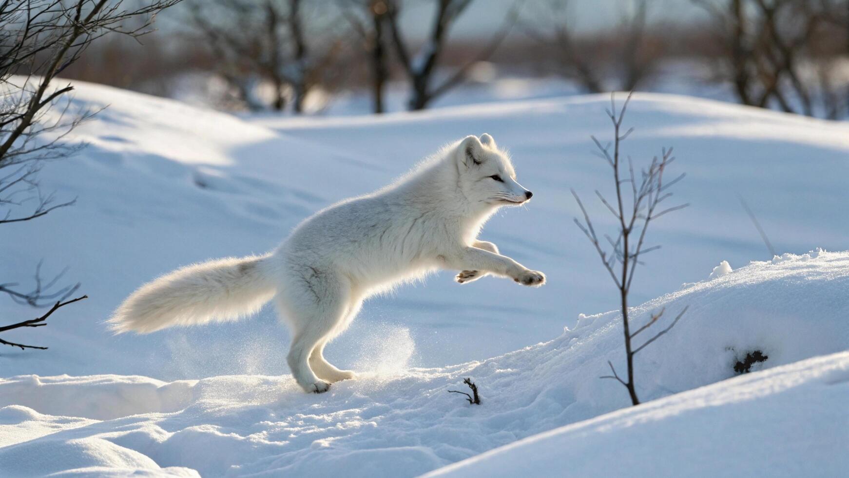 A playful arctic fox jumping in the snow, captured mid-air with natural light photo