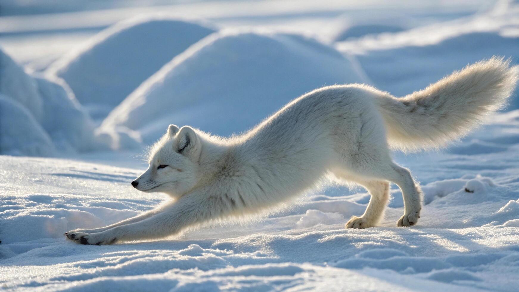 An arctic fox stretching in the snow, with natural light highlighting its flexible body photo