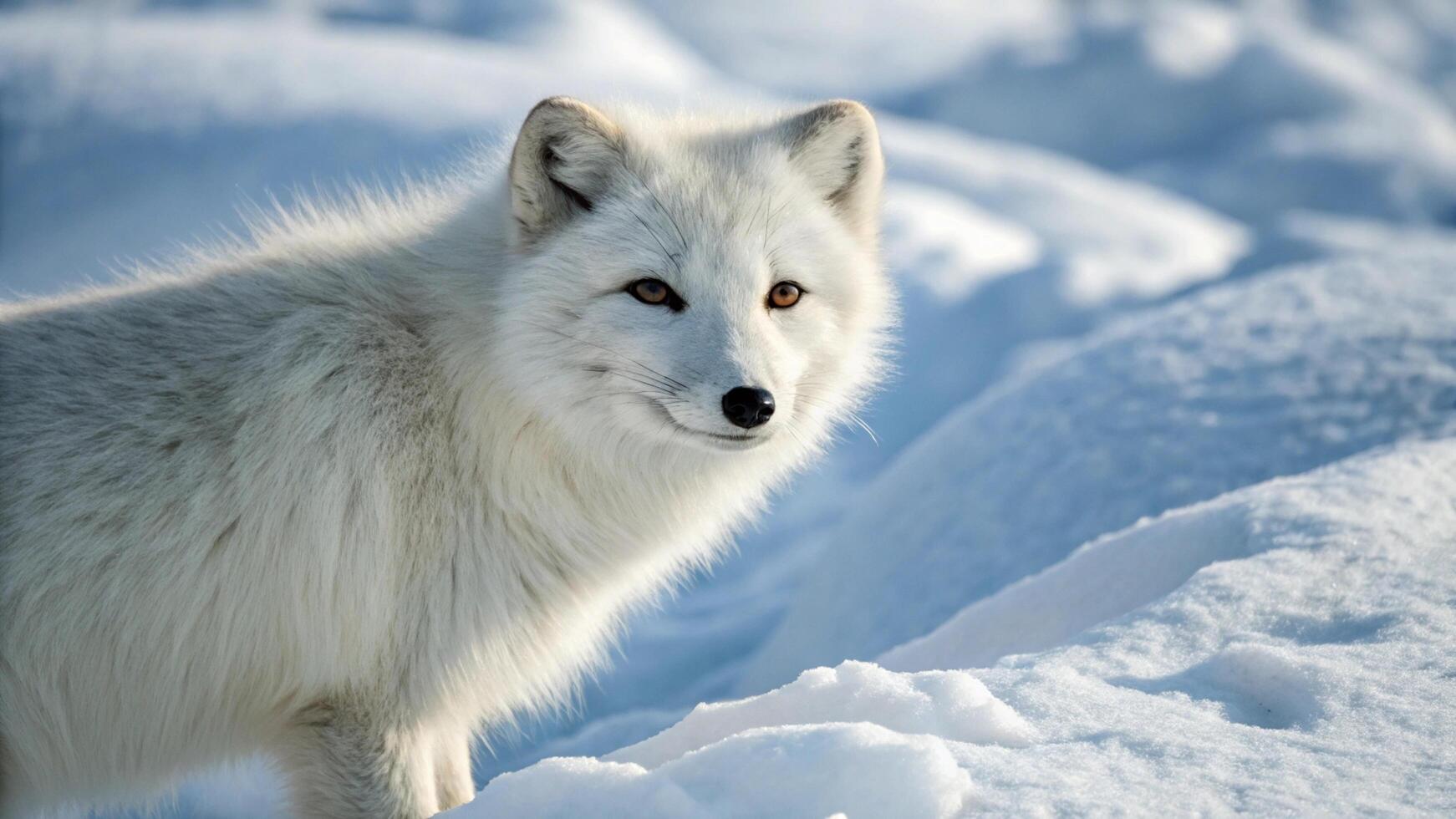 An arctic fox with its thick white fur, looking directly into the camera, surrounded by a snowy background photo
