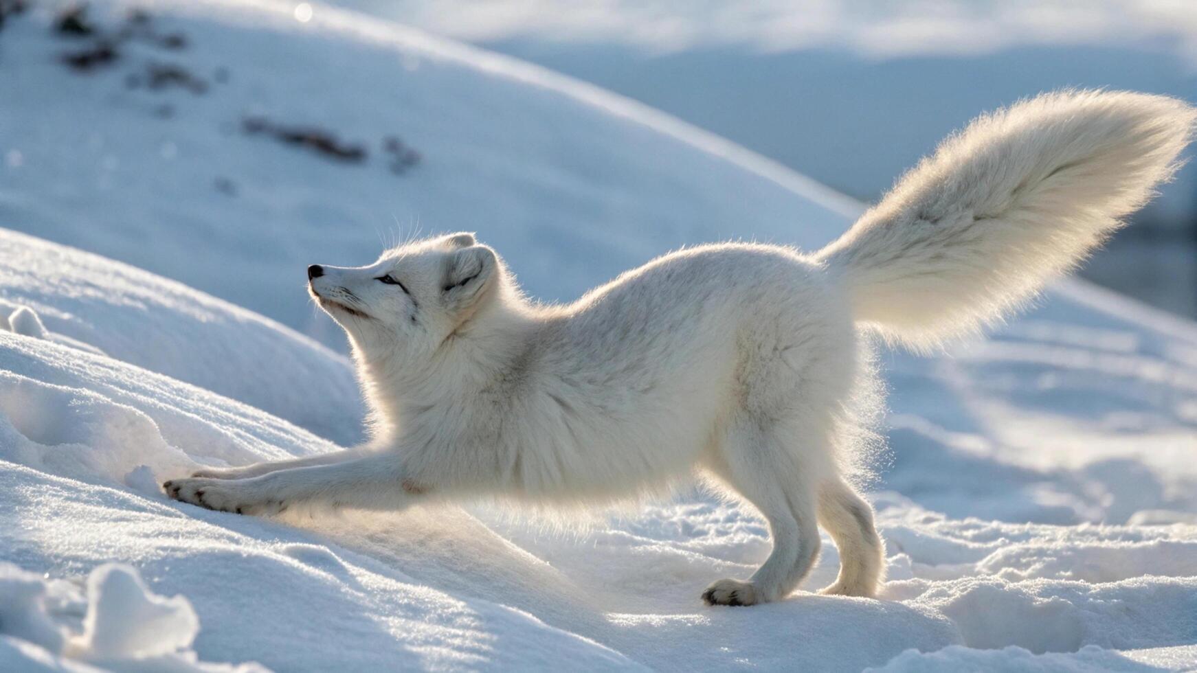 An arctic fox stretching in the snow photo