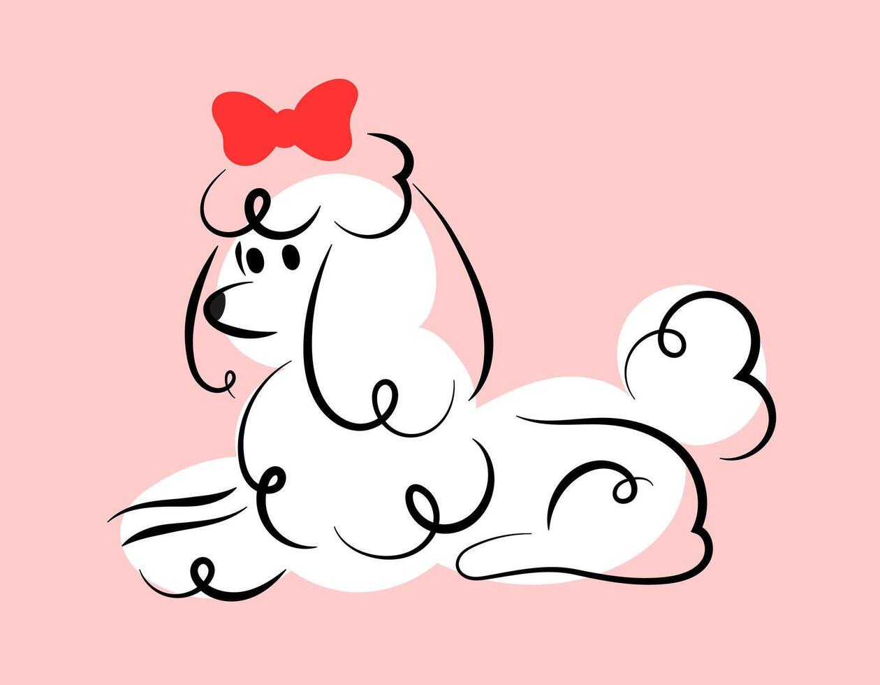 White poodle with a bow lying down. Cute hand drawn illustration for decoration vector