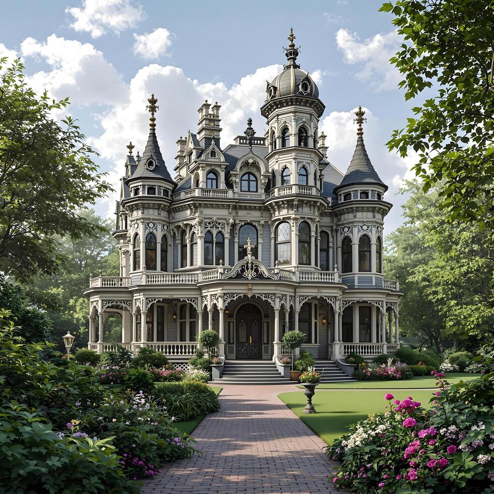 Victorian Mansion with Intricate Details and Lush Garden photo