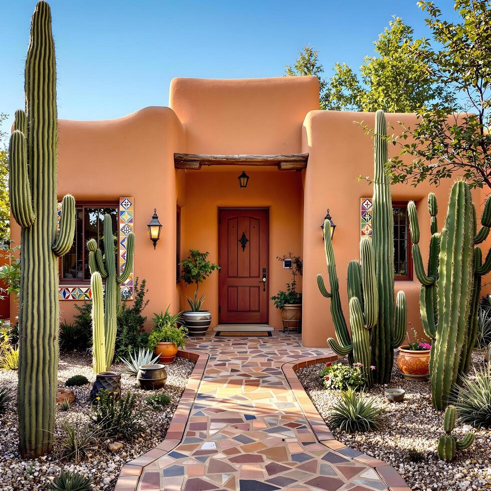 Bohemian Adobe House with Colorful Tiles and Cactus Garden photo