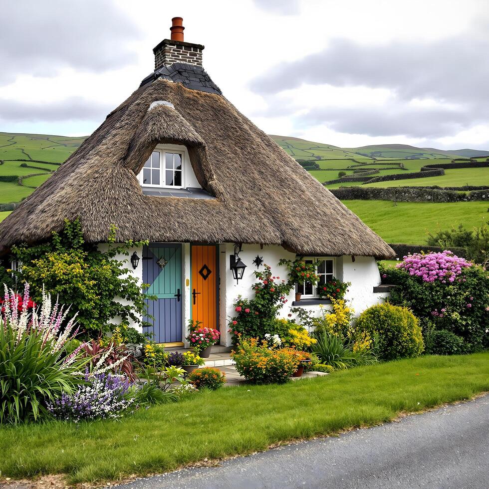 Traditional Thatched-Roof Irish Cottage in Green Hills photo