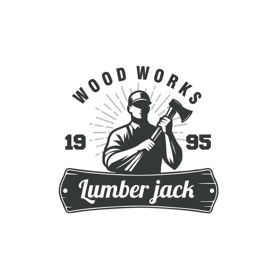 lumberjack man hold the ax vintage badge logo design graphic illustration vector