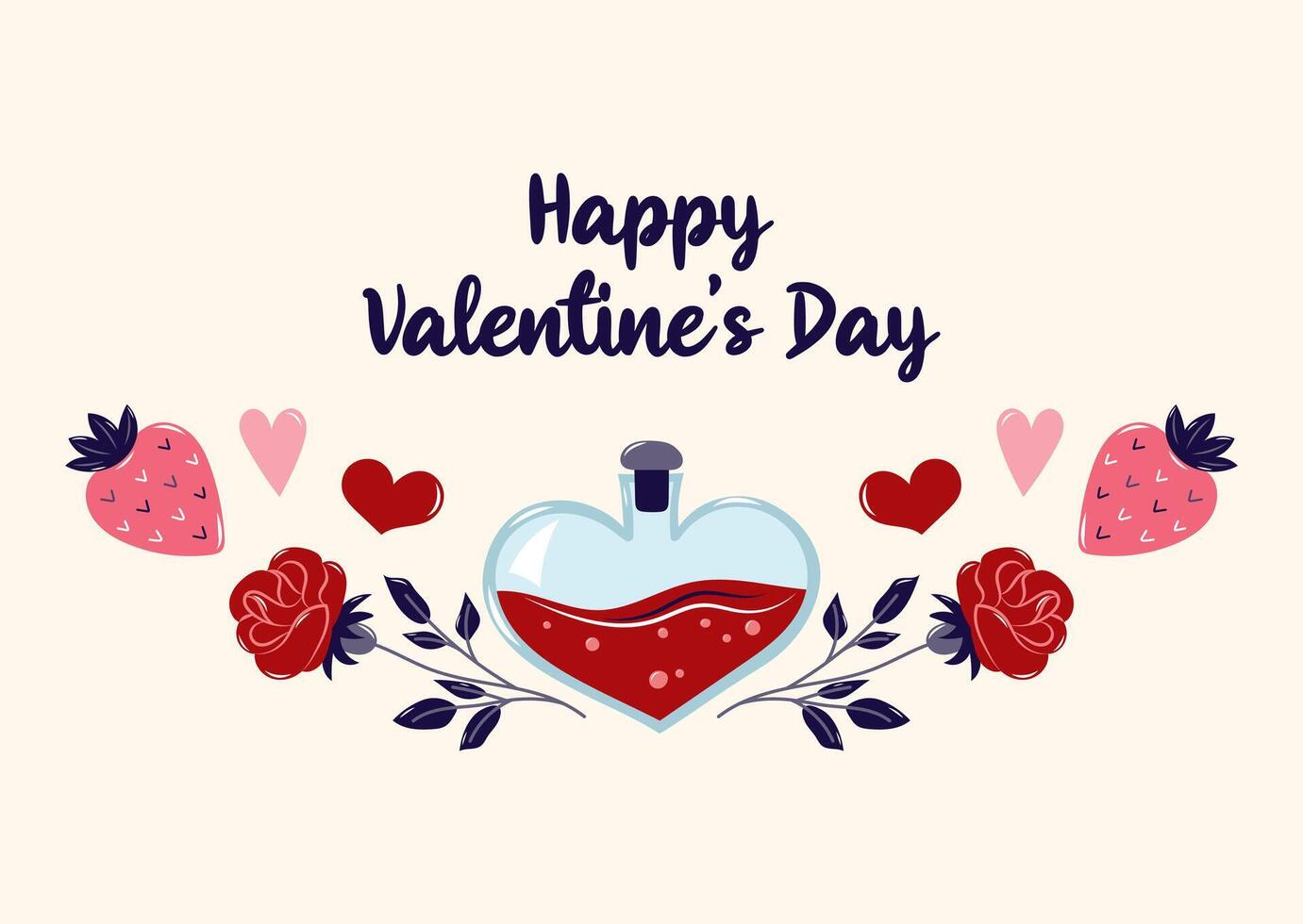 Happy Valentine's Day horizontal Card with heart and red roses. Simple cute greeting card. illustration. vector