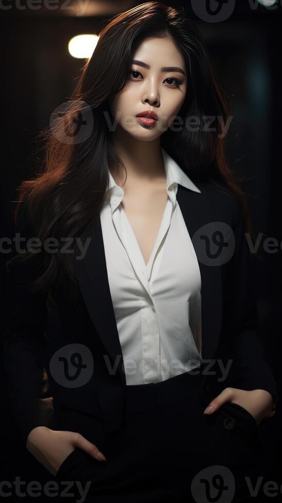 a beautiful asian woman in a black suit photo