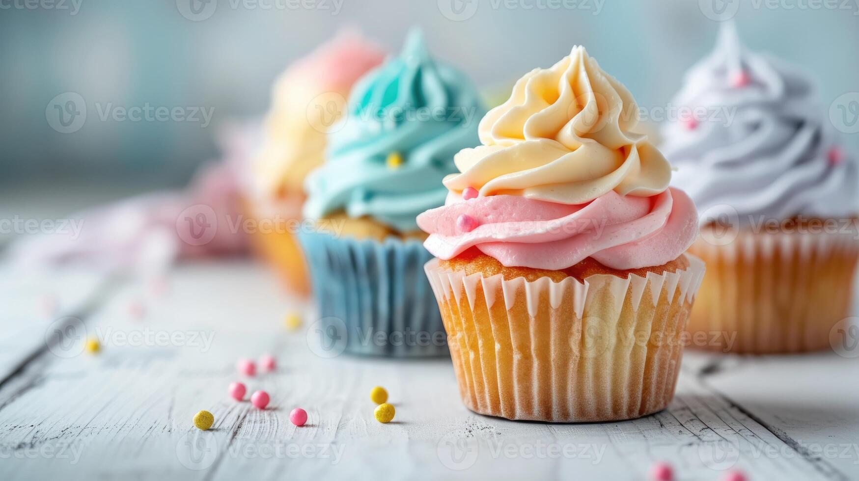 Colorful cupcakes on a wooden table photo