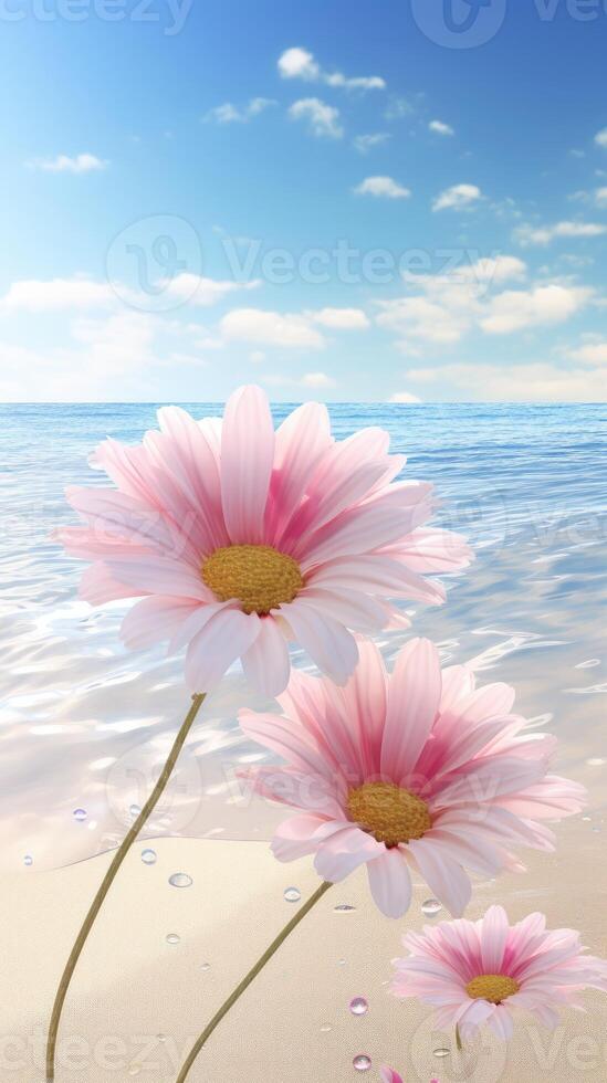 Three pink flowers on the beach with water droplets photo