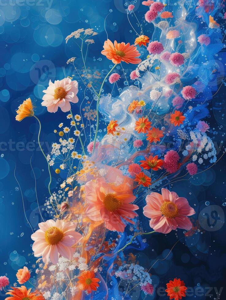 A painting of flowers and water on a blue background photo