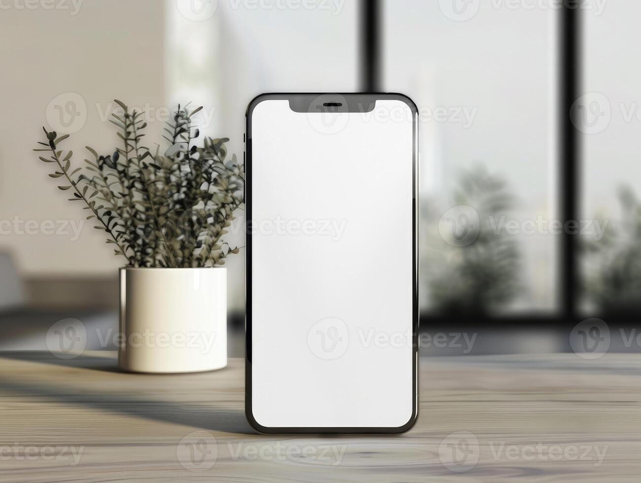 phone mockup on wooden table photo