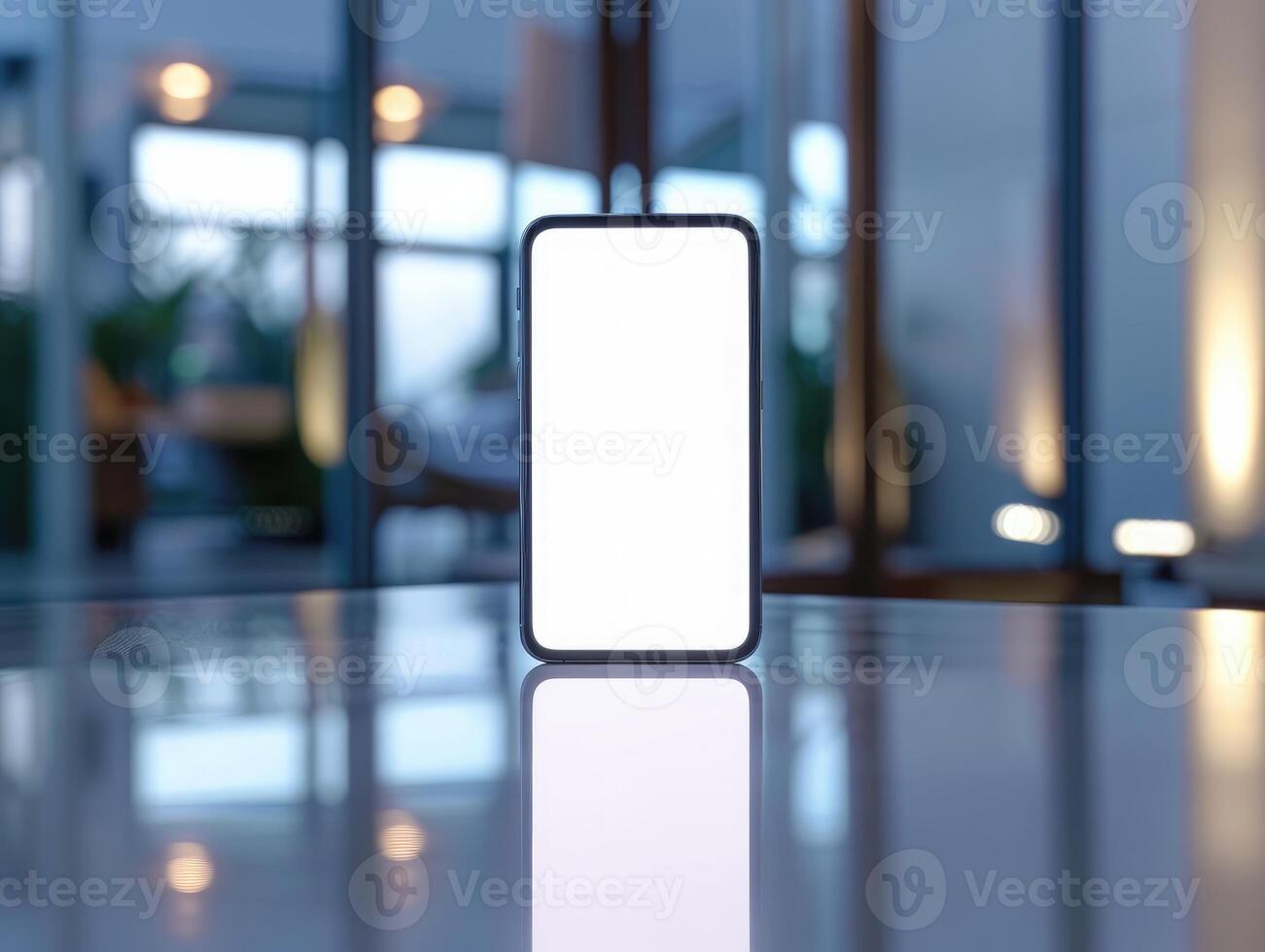 a white smartphone on a table in front of a window photo