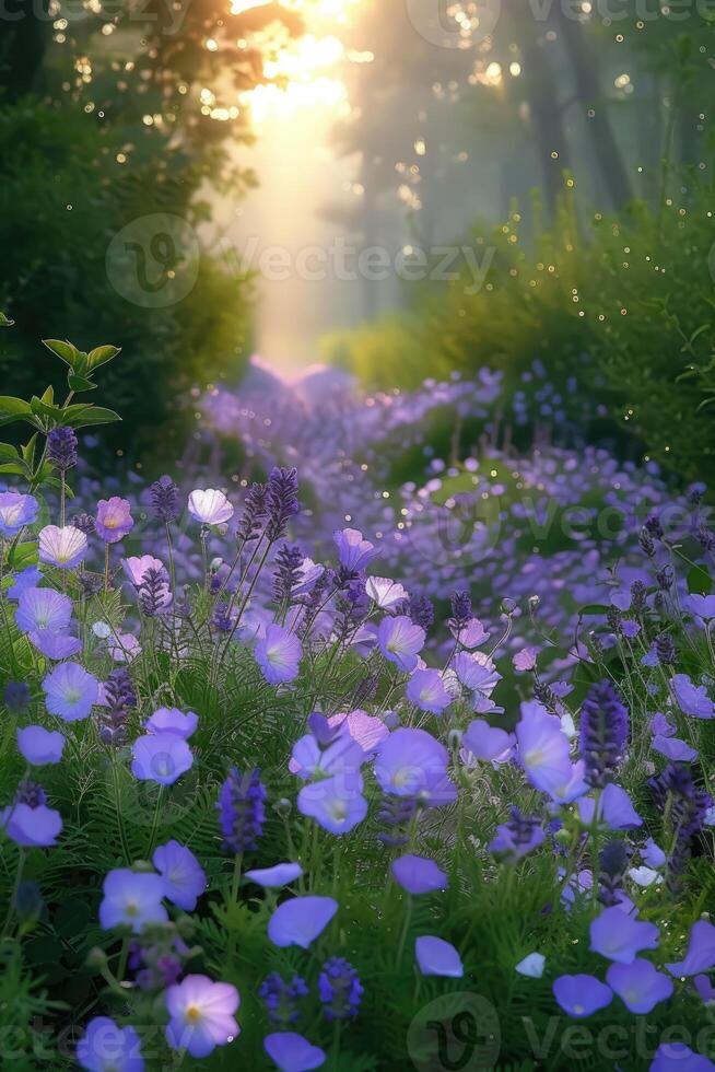 A field of purple flowers with the sun shining through photo