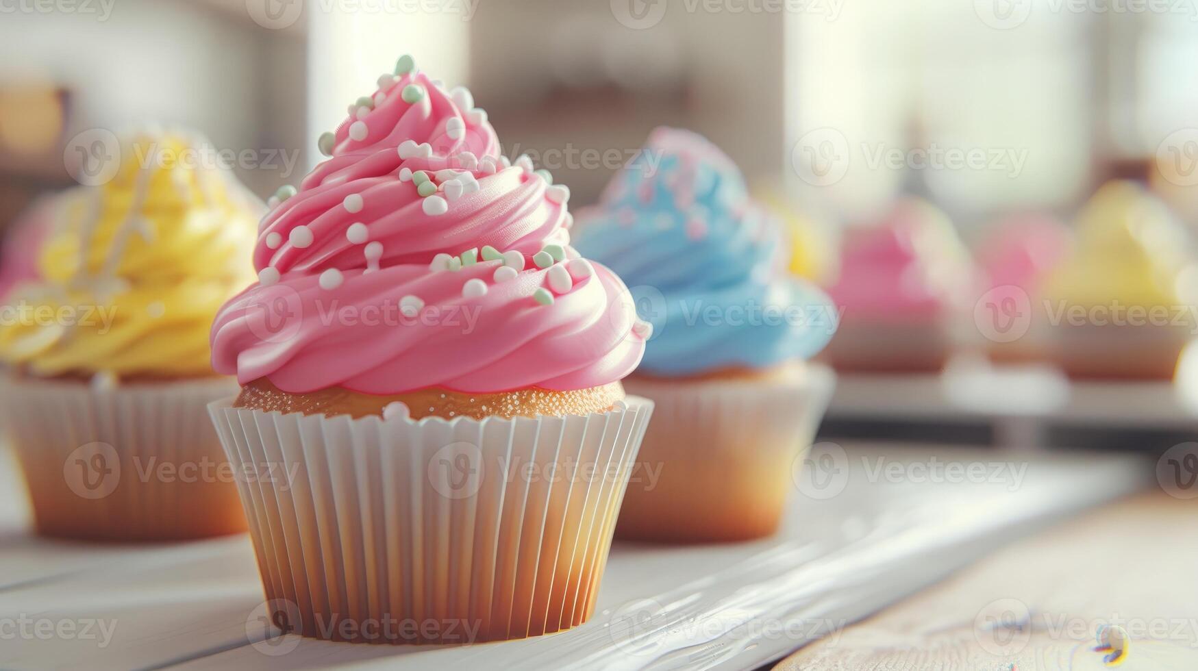A row of cupcakes with frosting on top photo