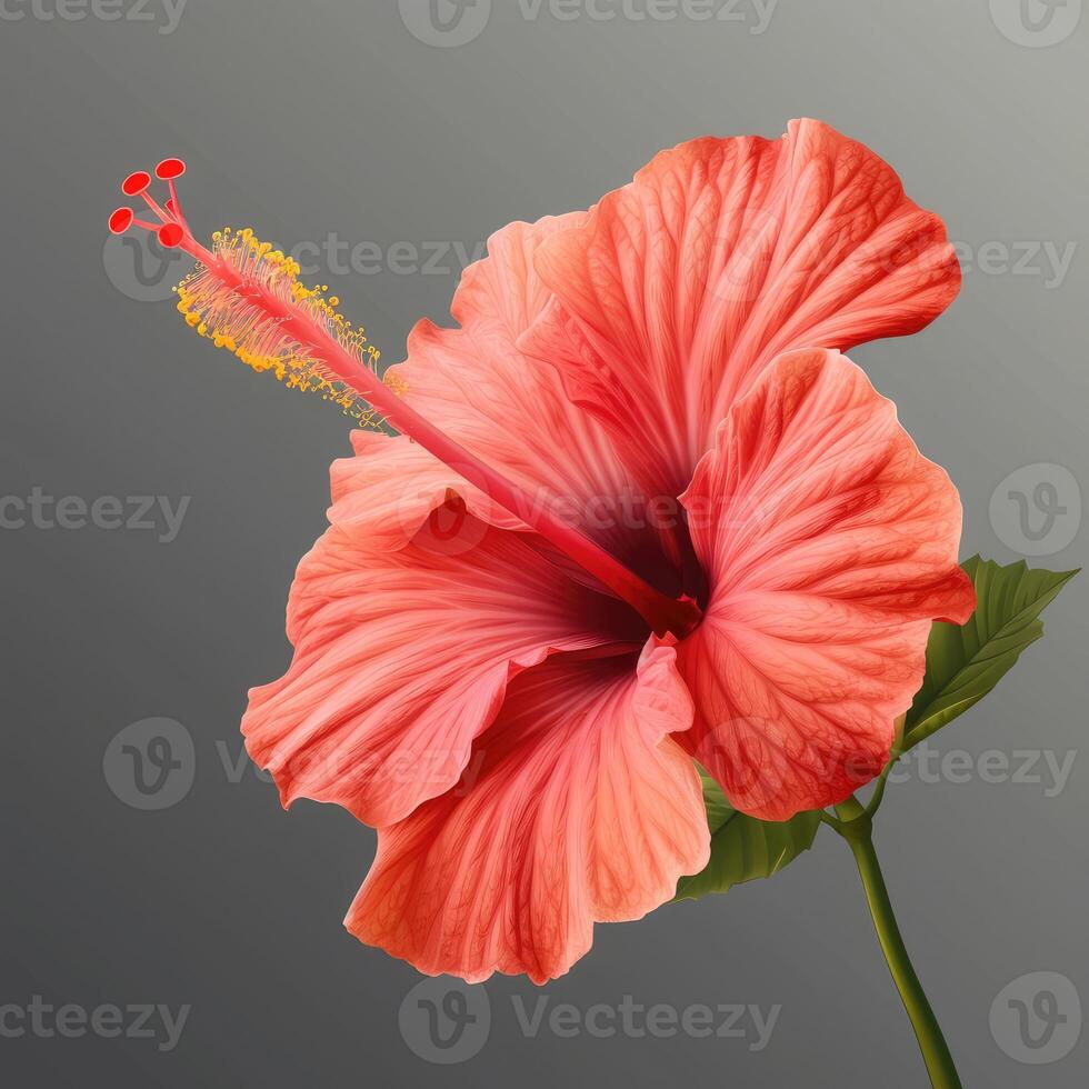 A red hibiscus flower is shown on a gray background photo