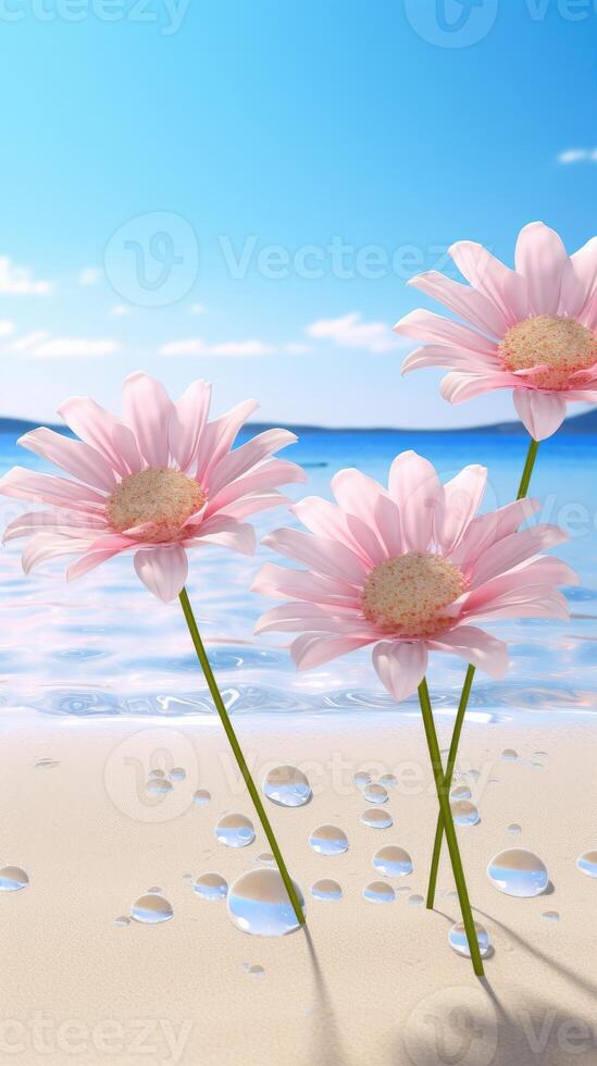 Three pink flowers are on the beach near the ocean photo