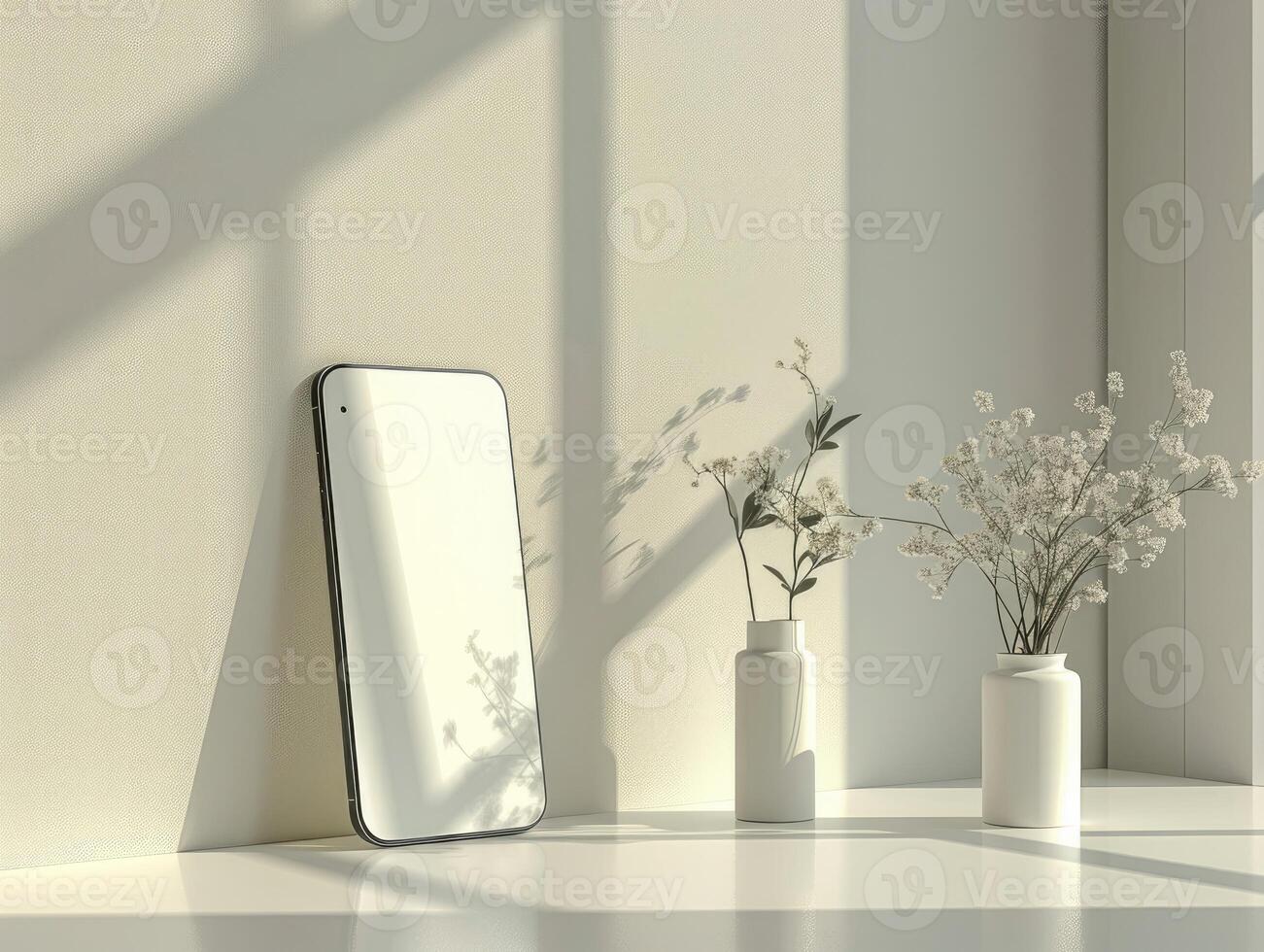 a white phone and vases sit on a table near a window photo