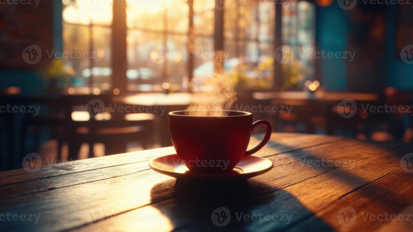Warm Cup of Coffee Resting on a Wooden Table in a Cozy Cafe During Golden Hour photo