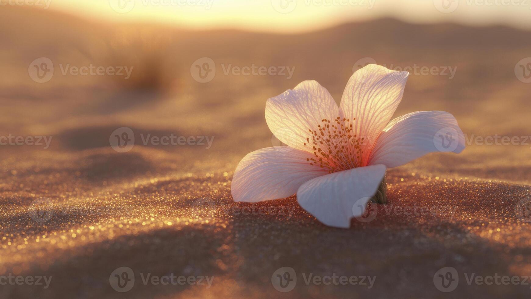 Beautiful Desert Flower Blooming at Sunset on Sandy Terrain in a Tranquil Landscape photo