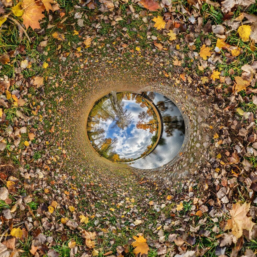 A circular hole in the ground with leaves on it photo