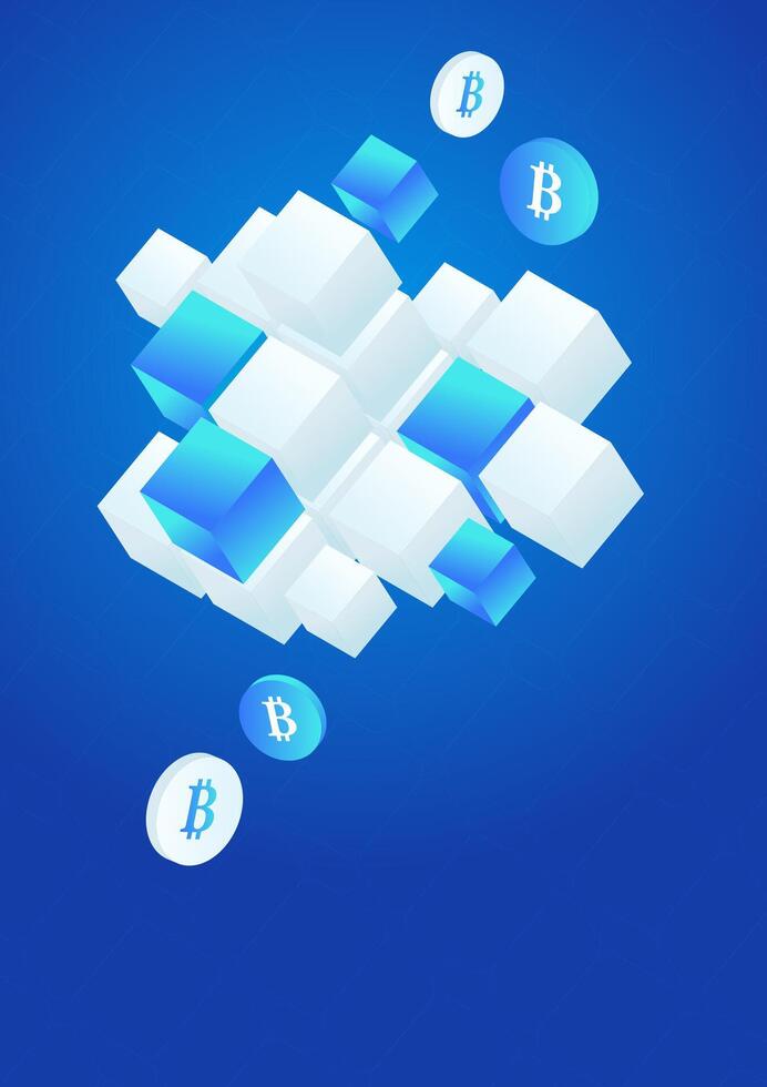 Futuristic blockchain technology concept with abstract cubes and Bitcoin symbols on a blue gradient background for poster, banner, template design. vector