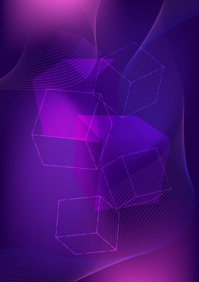 Abstract blockchain technology background. Futuristic geometric cubes and dynamic wave lines. Digital technology, cryptocurrency, and data security concepts. vector