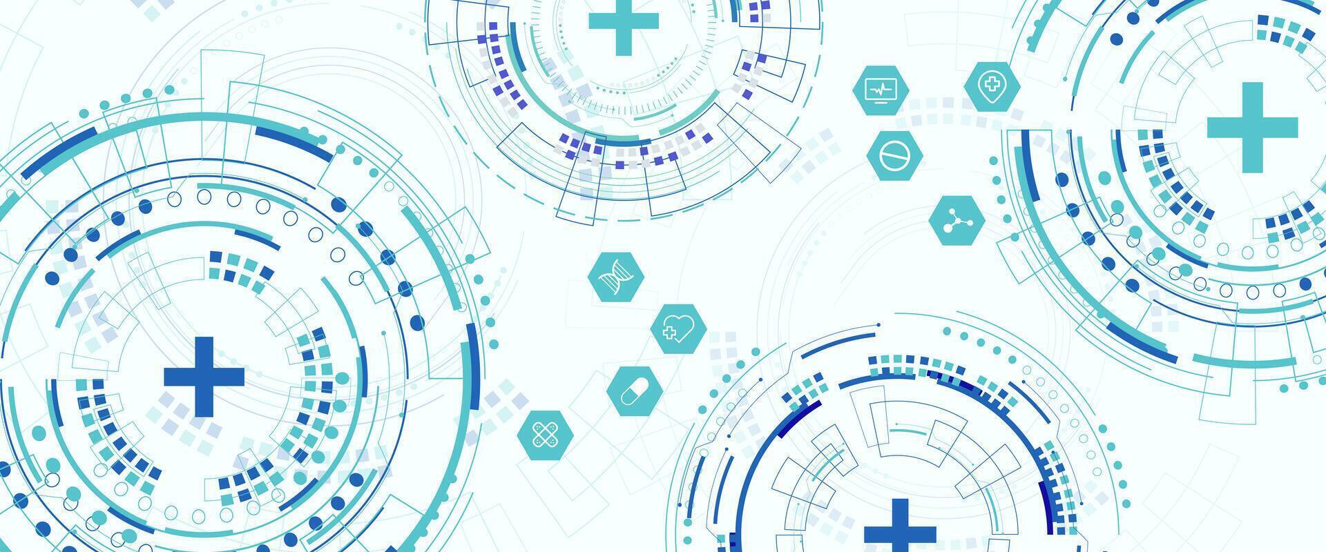 Abstract futuristic medical technology background with circular digital patterns and healthcare icons. Modern design concept for innovation, healthcare systems, and digital health solution. vector