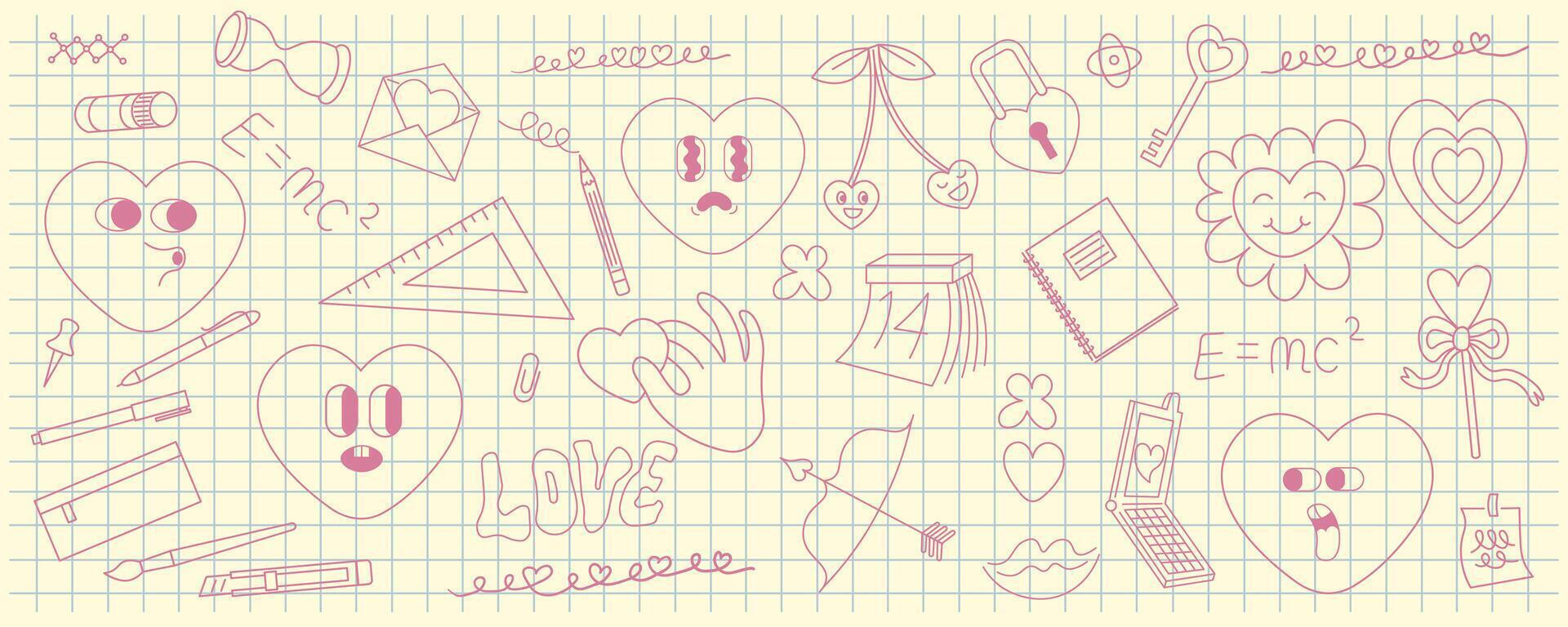 linear set of valentines day in school elements vector