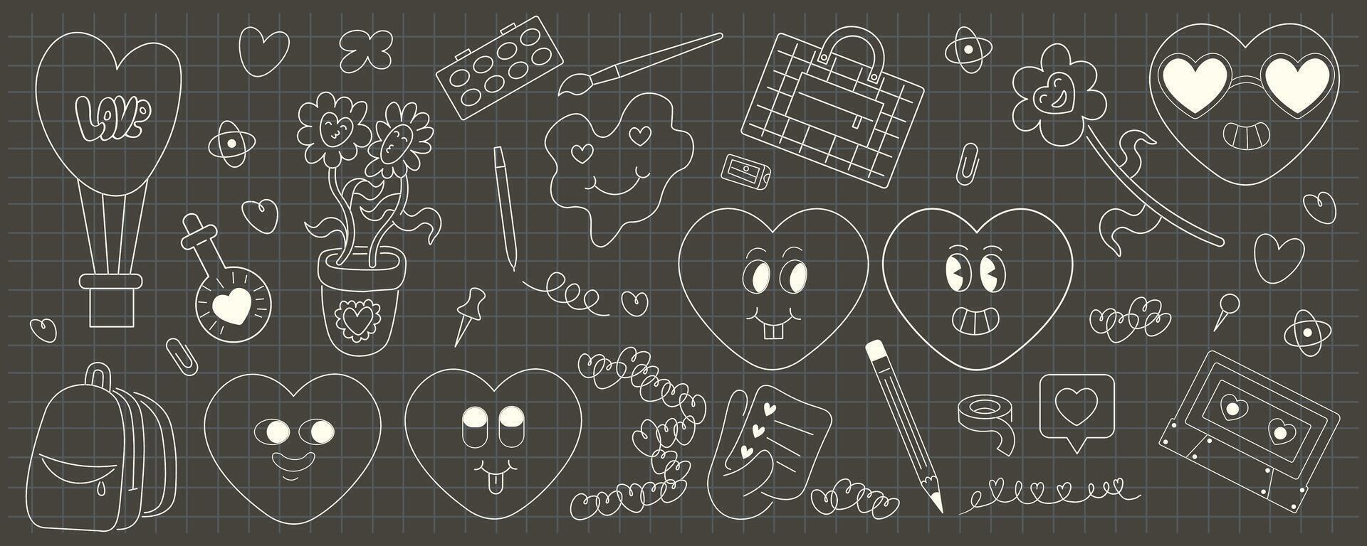 linear set of valentines day in school elements on black cage vector