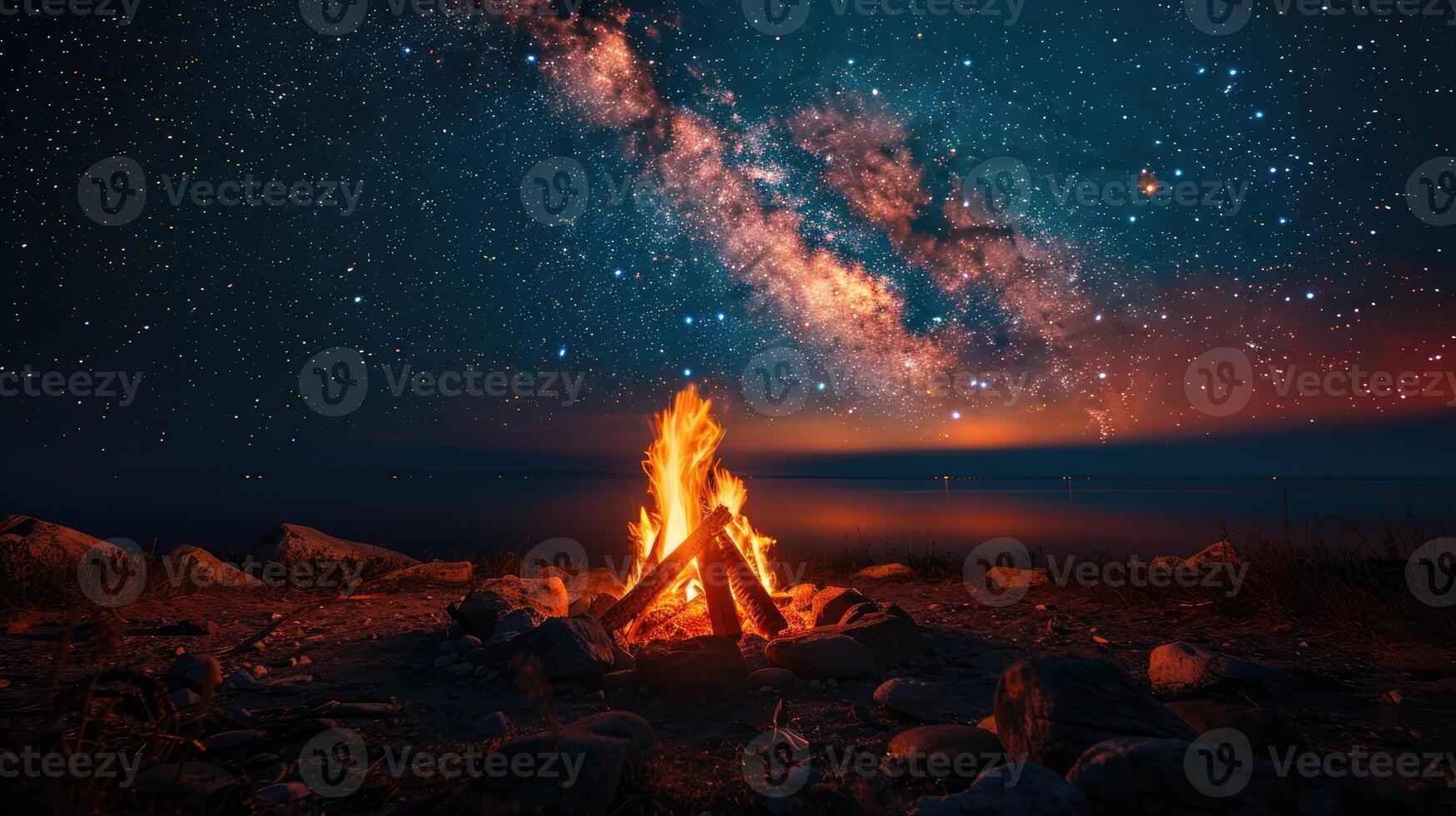 Night Bonfire on Beach Underneath Milky Way Galaxy Starry Sky photo