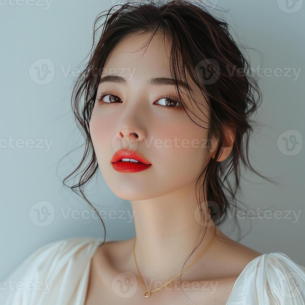 Beautiful Asian Woman with Red Lips Soft Makeup and Wavy Hair photo