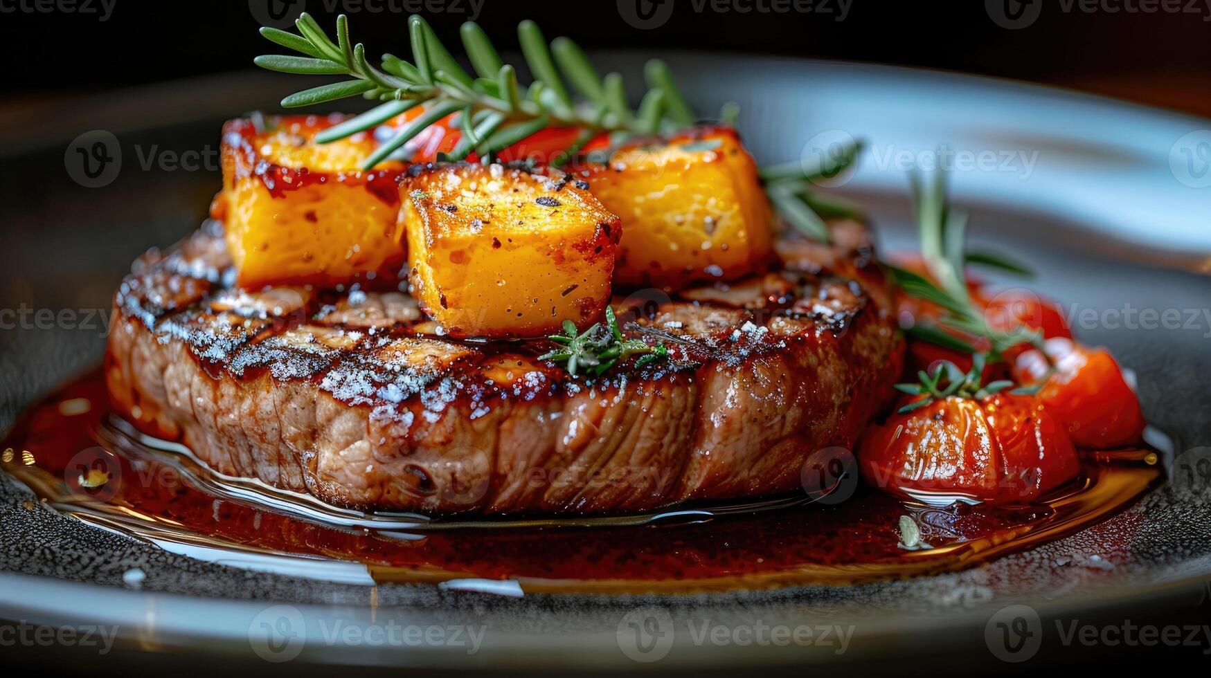 Grilled Steak Dinner with Roasted Pineapple and Cherry Tomatoes photo