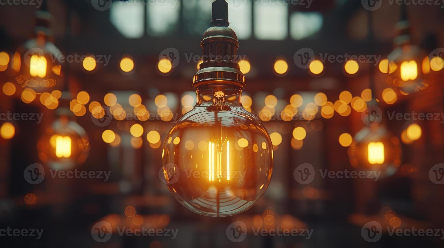 Warm Glowing Edison Bulb Hanging with Bokeh Lights Background Interior Decor photo