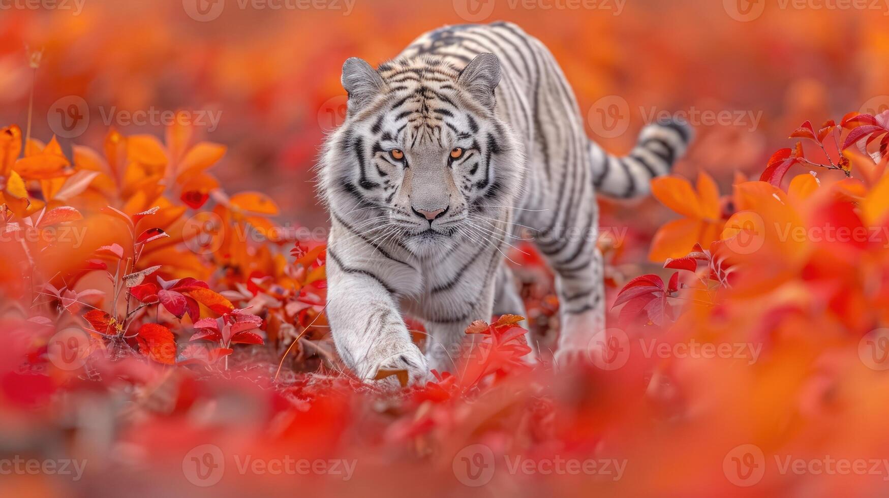 Majestic White Tiger Walking Through Autumnal Red Foliage photo