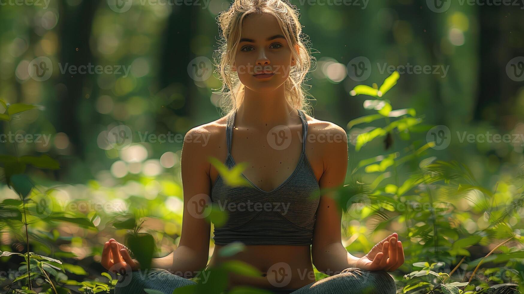 Serene Blonde Woman Meditating in Lush Green Forest Yoga Mindfulness Nature photo