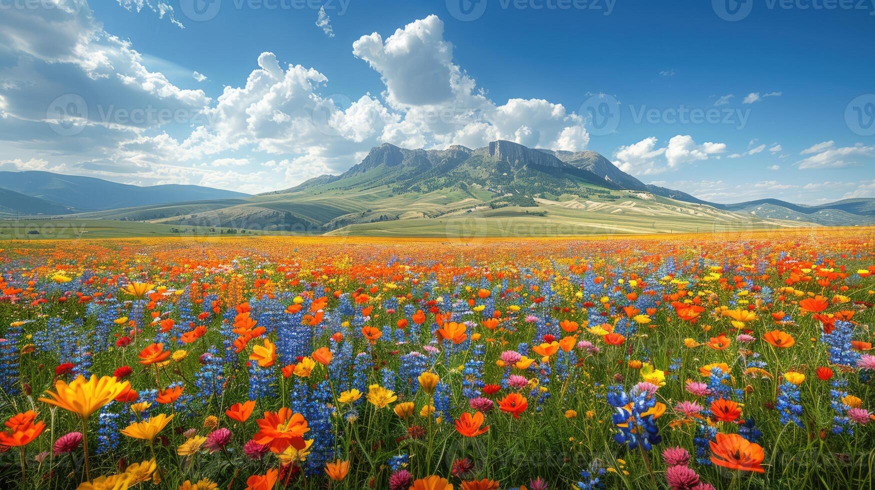 Vibrant Wildflower Meadow Landscape with Mountain Vista and Sunny Sky photo
