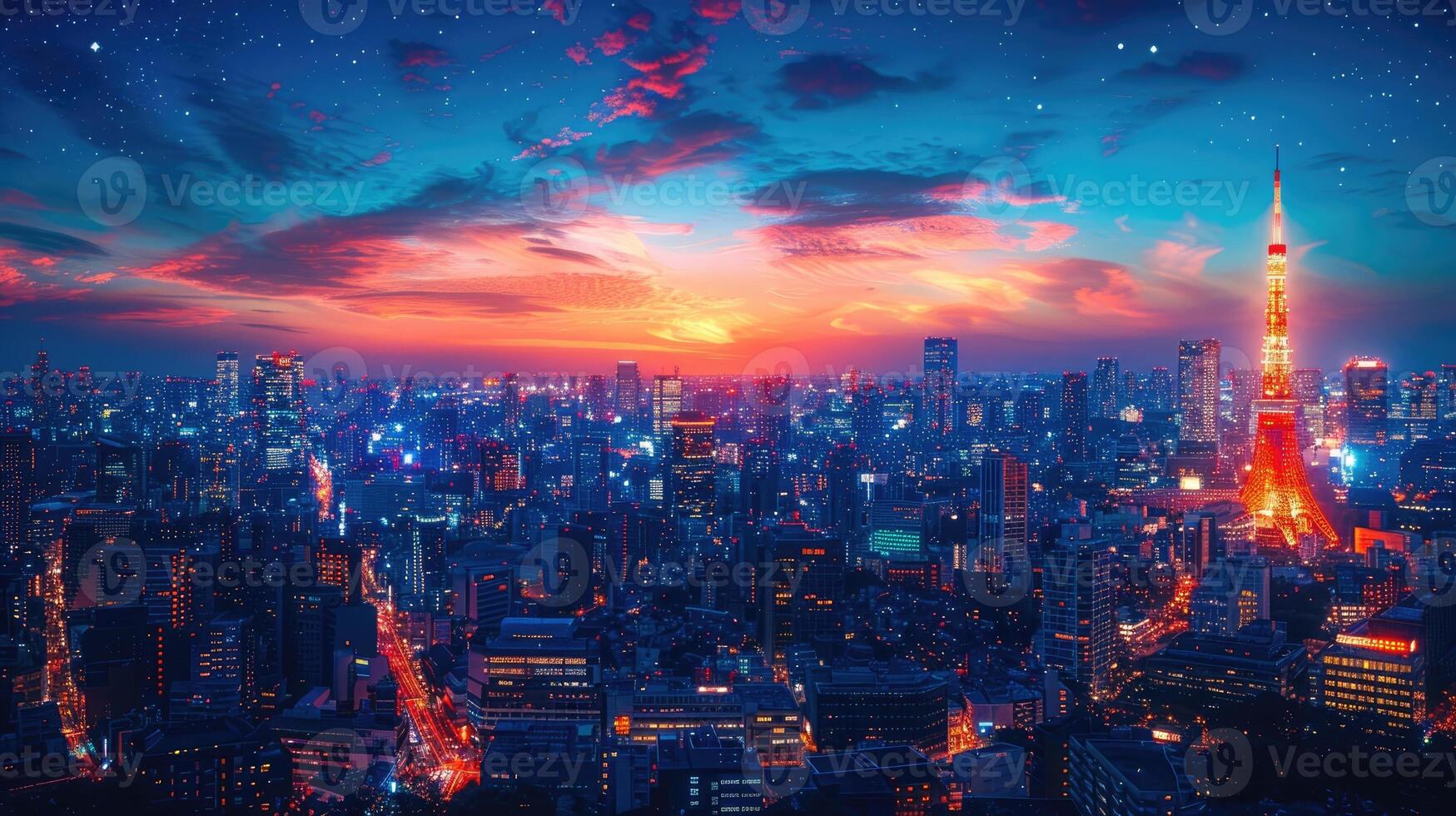 Vibrant Tokyo Skyline at Sunset Illuminated Cityscape with Tokyo Tower photo