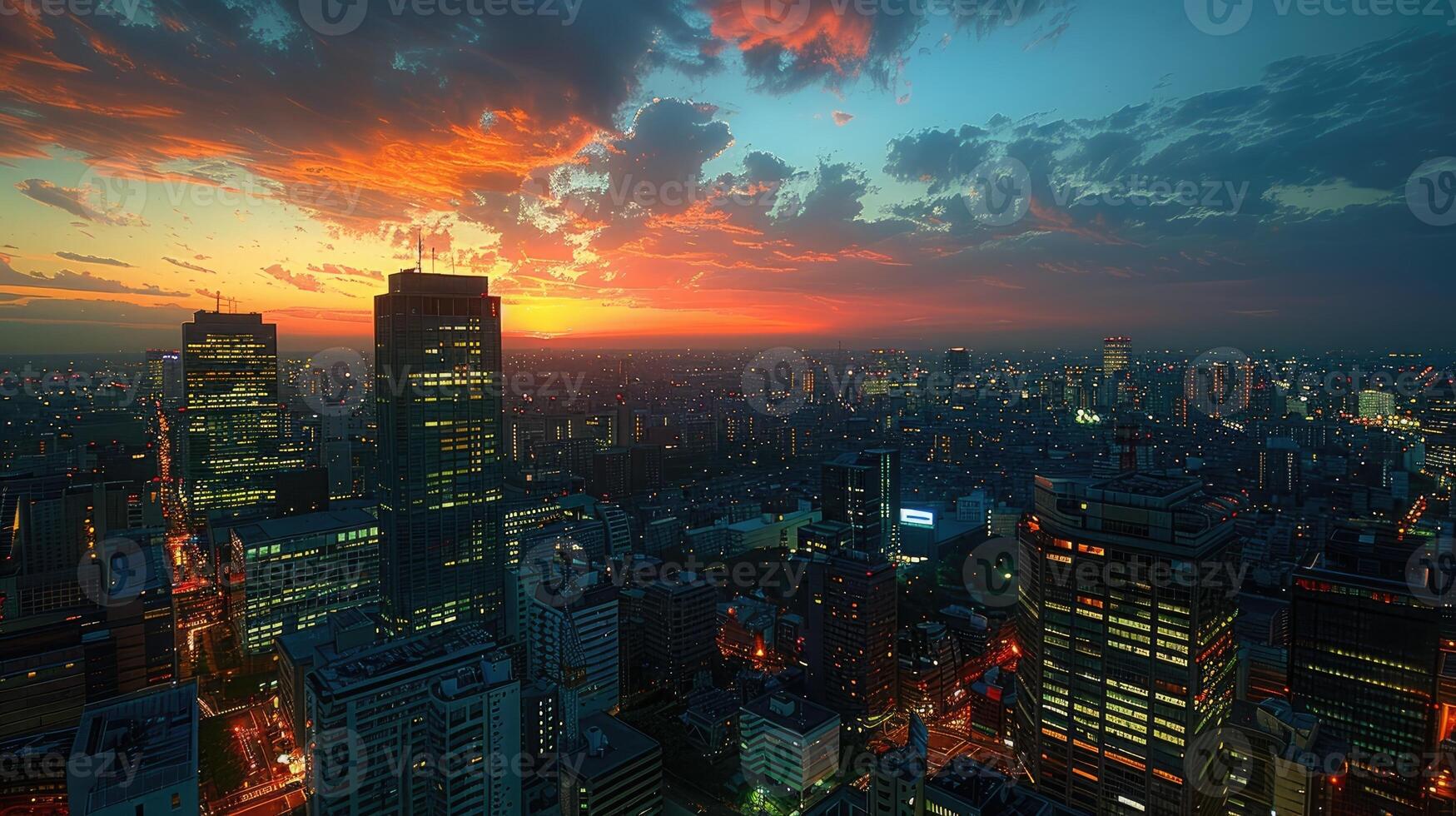 Stunning Sunset Panorama Over Illuminated City Skyline at Dusk photo