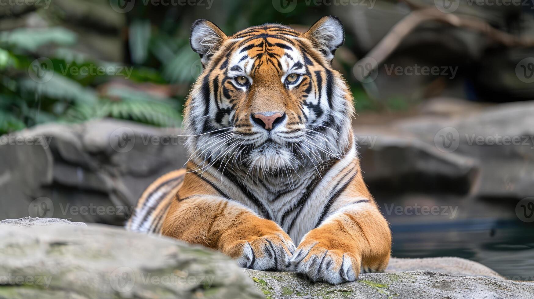 Majestic Tiger Resting on Rocks Close up Portrait Wild Cat Wildlife Photography photo