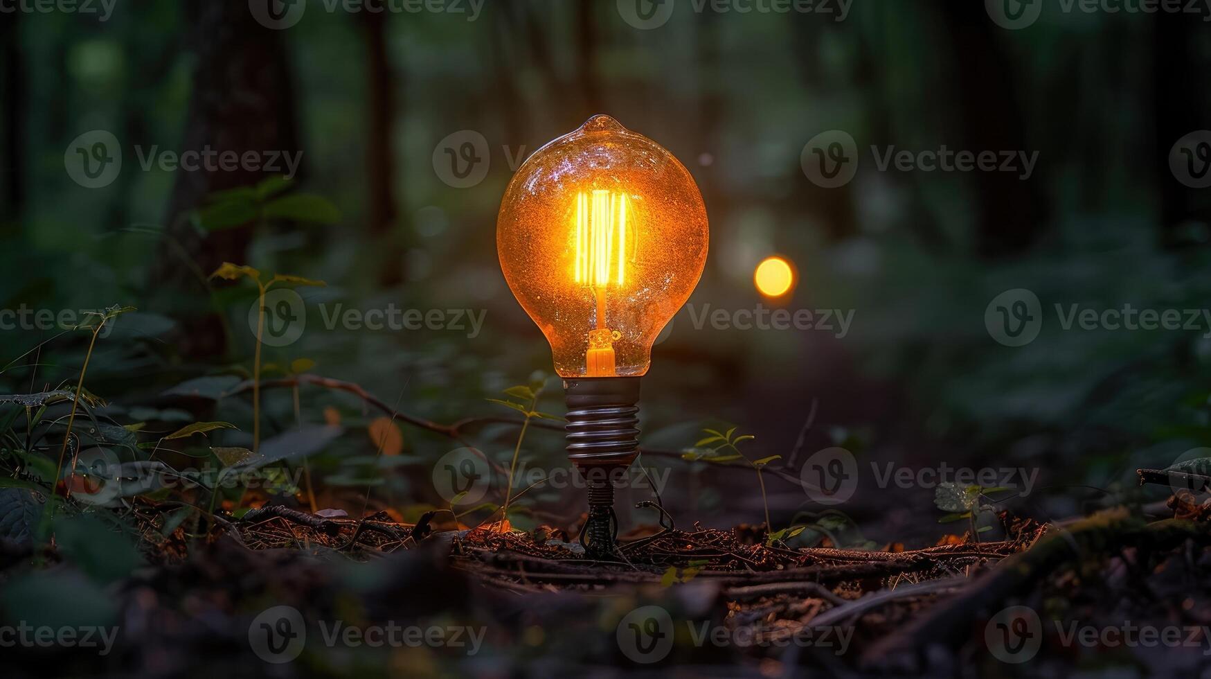 Glowing Edison Bulb in Dark Forest Nature Night Scene Illuminated Plant Life photo