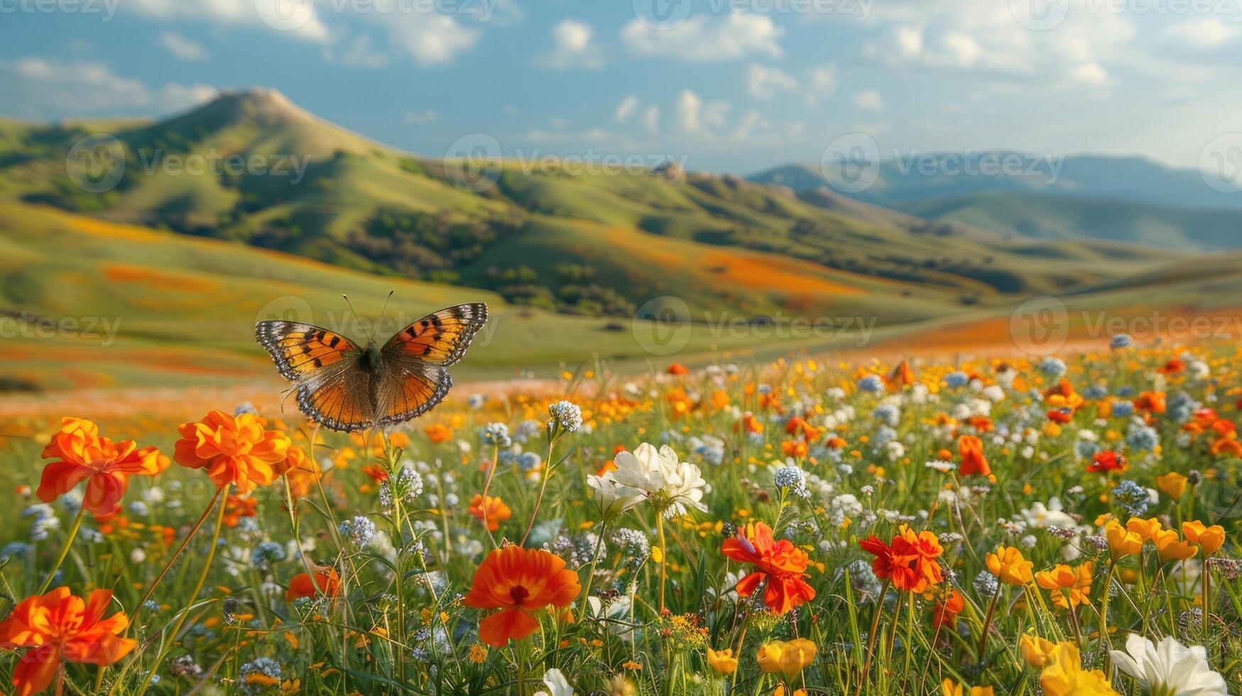 Vibrant Wildflower Meadow with Butterfly Rolling Hills Landscape Sunny Day photo