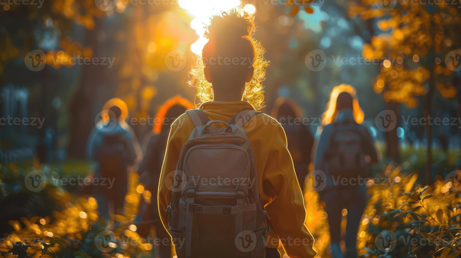 Young Woman with Backpack Walking in a Sunny Autumn Park photo