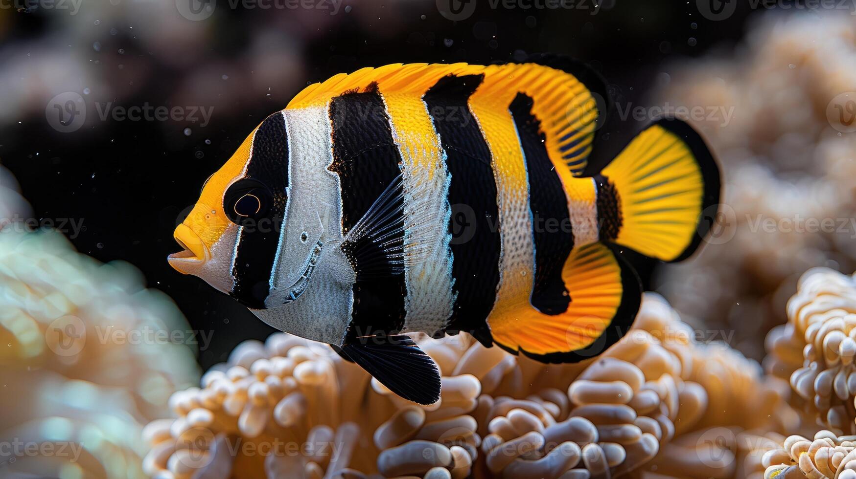 Vibrant Yellow and Black Angelfish Swimming Near Coral Reef photo