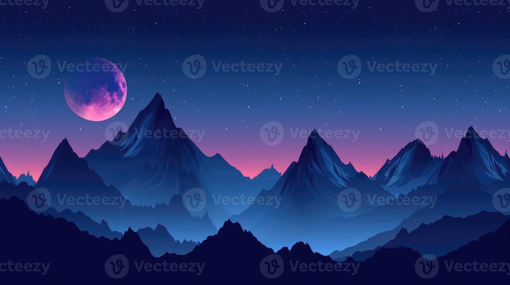 Majestic Nighttime Mountain Range with Pink Moon and Starry Sky Artistic Landscape Illustration photo