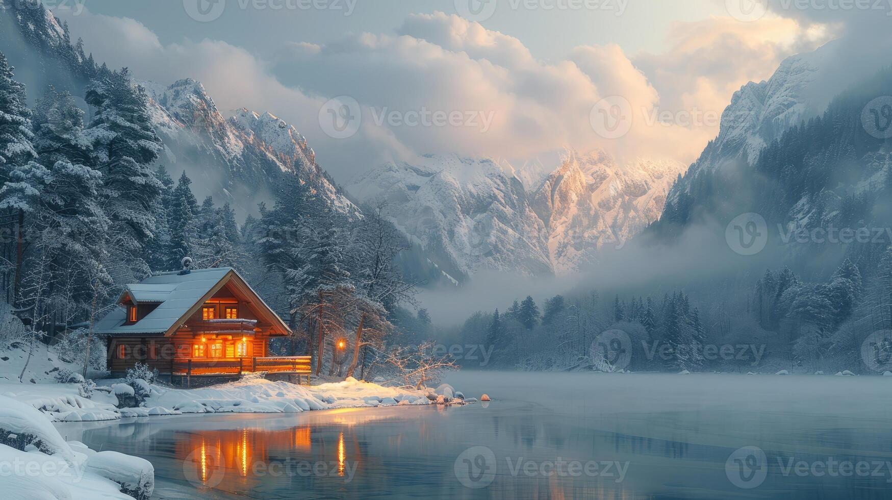Idyllic Winter Cabin by Frozen Lake Majestic Snow Capped Mountains Sunrise photo