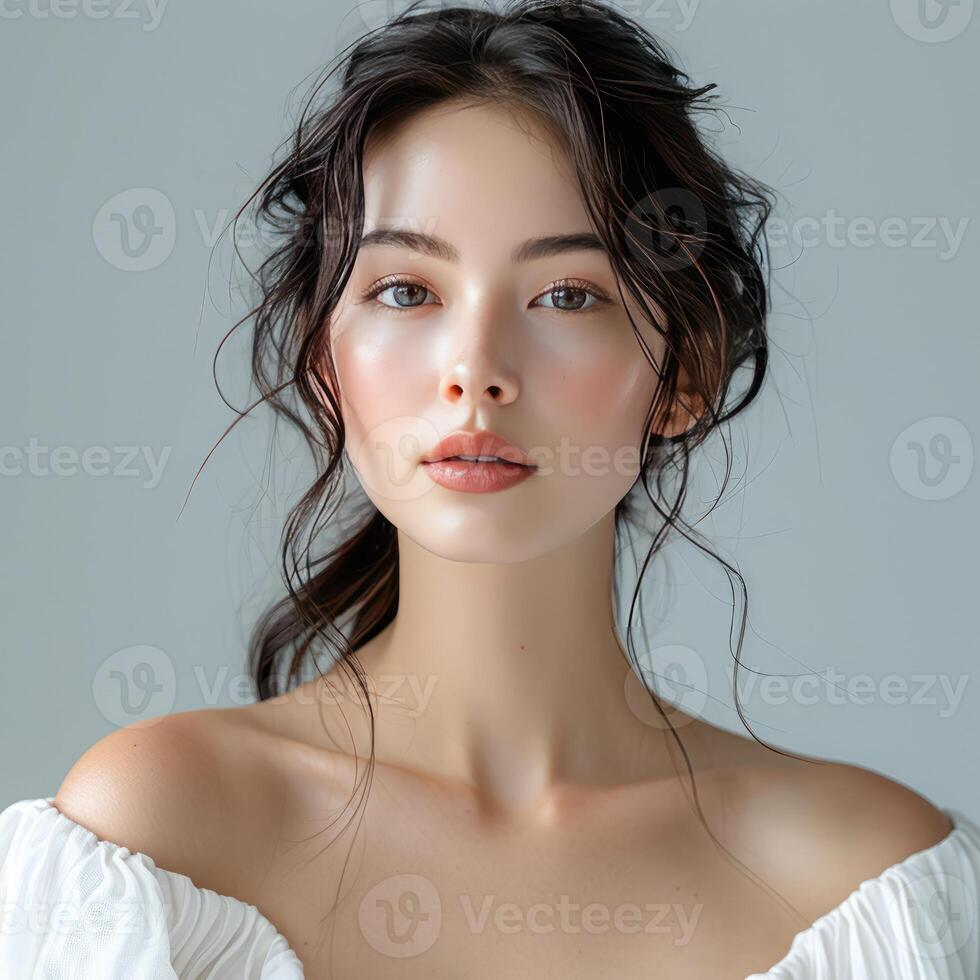 Beautiful Young Asian Woman with Long Brunette Hair Stunning Portrait photo