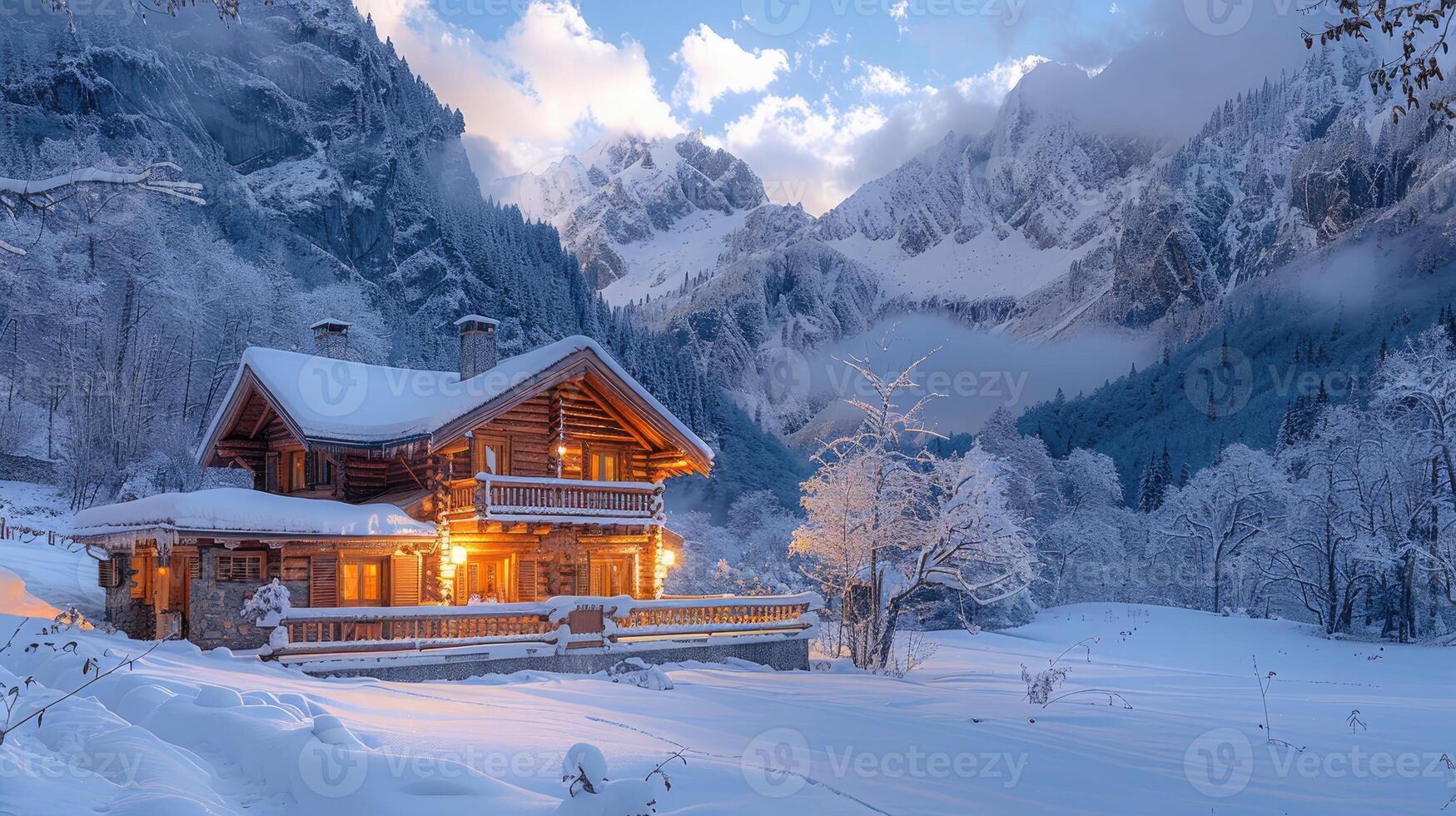 Stunning Log Cabin in Snowy Mountain Landscape Winter Wonderland Scene photo