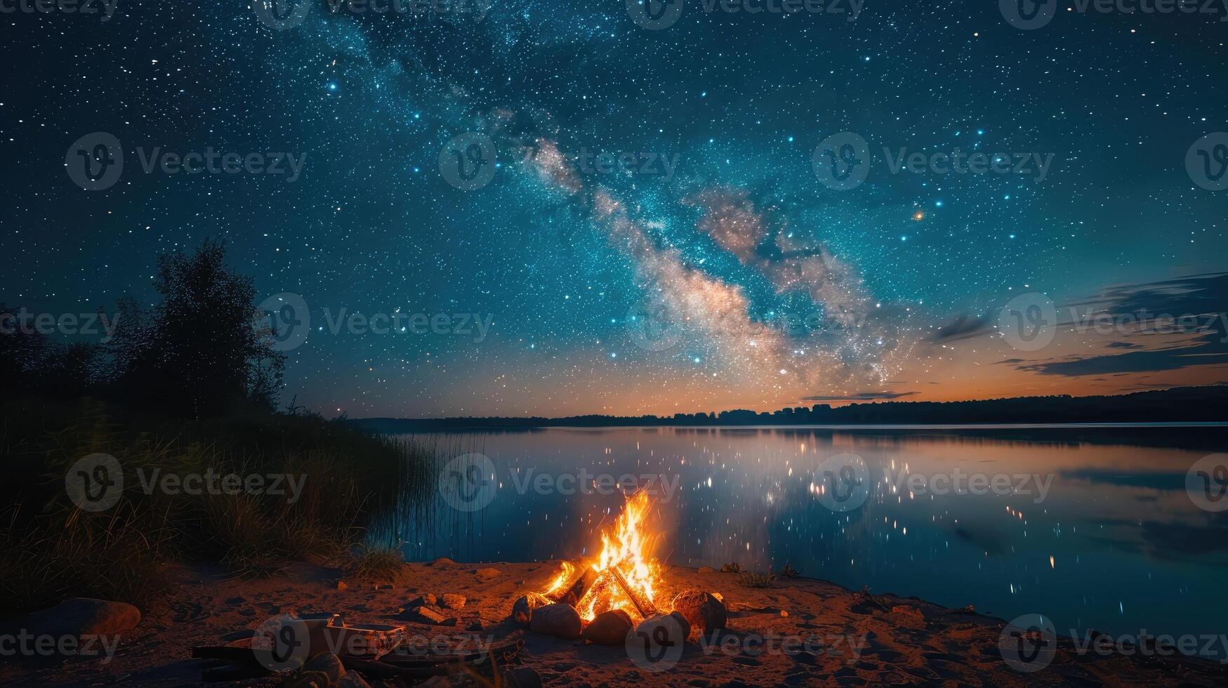 Campfire Serenity Night Sky Milky Way Lake Peaceful Bonfire photo